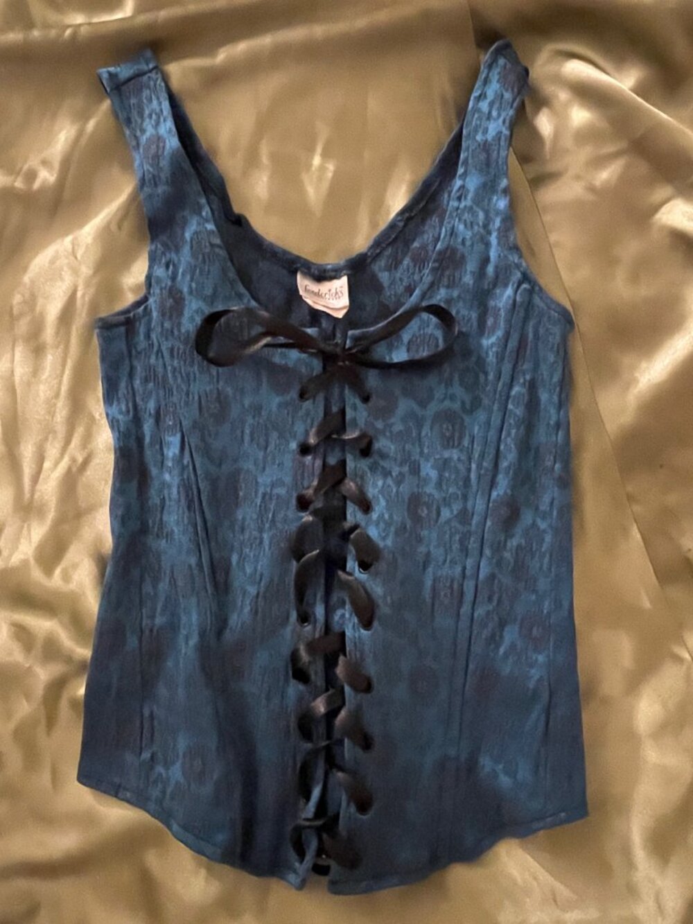 Y2K Fredericks’s of Hollywood XS Corset Bustier Top Blue Black Lace FOH jacquard